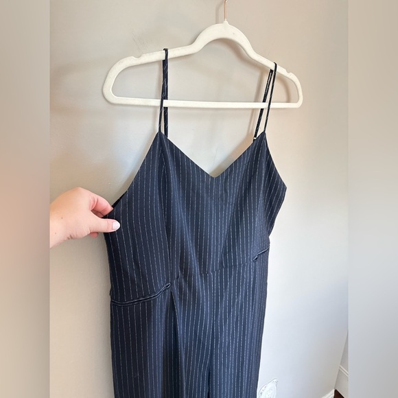 By Anthropologie • Navy Blue Pinstriped Jumpsuit Sz 14 Spaghetti Strap Casual - Picture 6 of 11